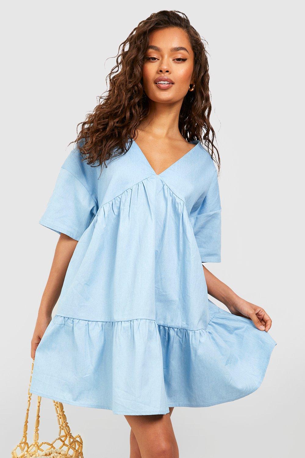 Plunge Chambray Smock Dress